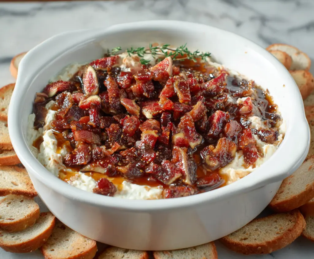 Creamy fig and bacon Boursin cheese dip garnished with fresh herbs in a bowl, perfect for appetizers.