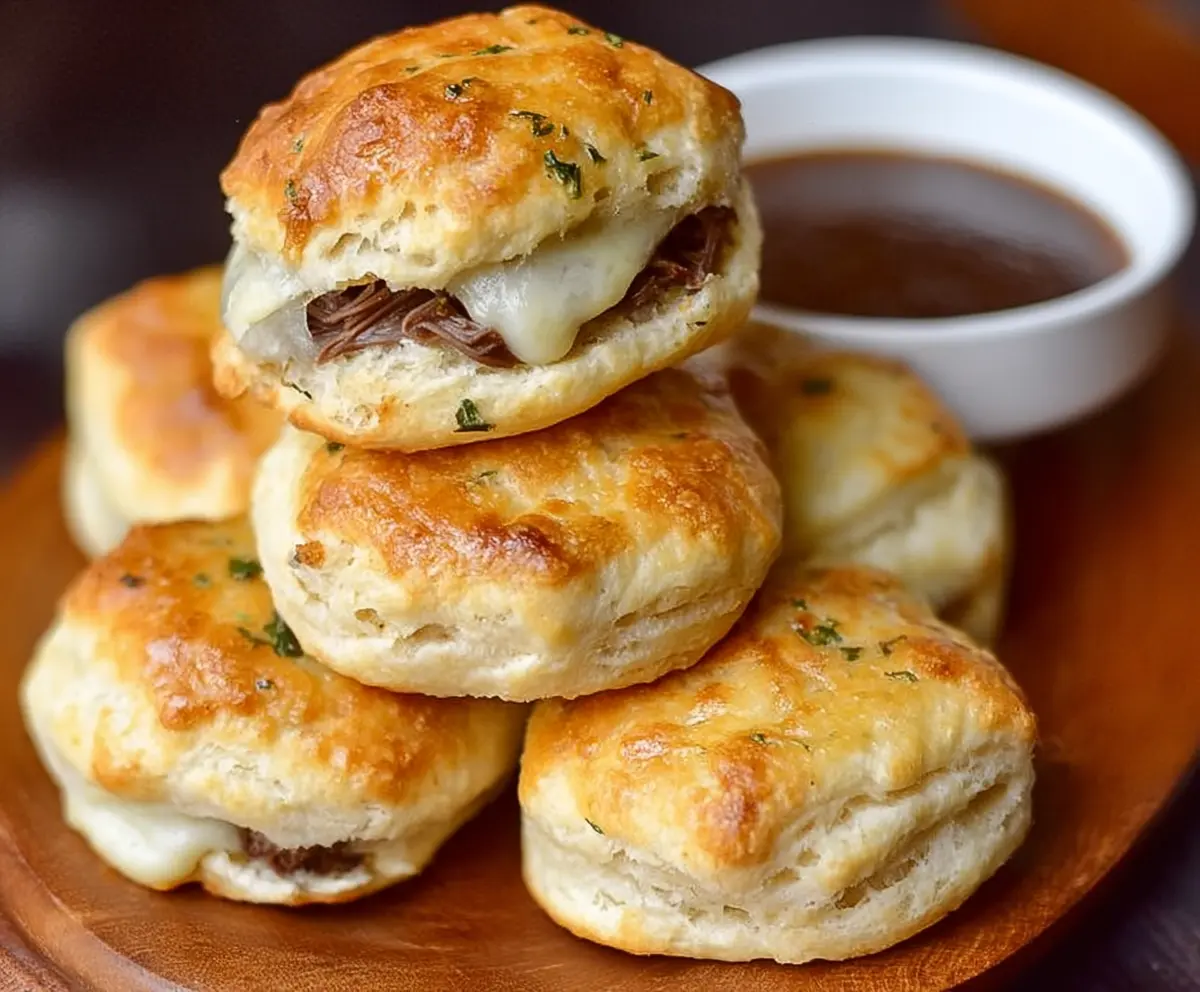 Delicious French Dip Biscuits with tender roast beef and melted cheese in flaky biscuits.