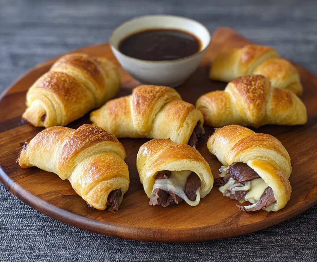 Golden crescent rolls filled with tender roast beef and melted cheese, perfect for French Dip Crescents.