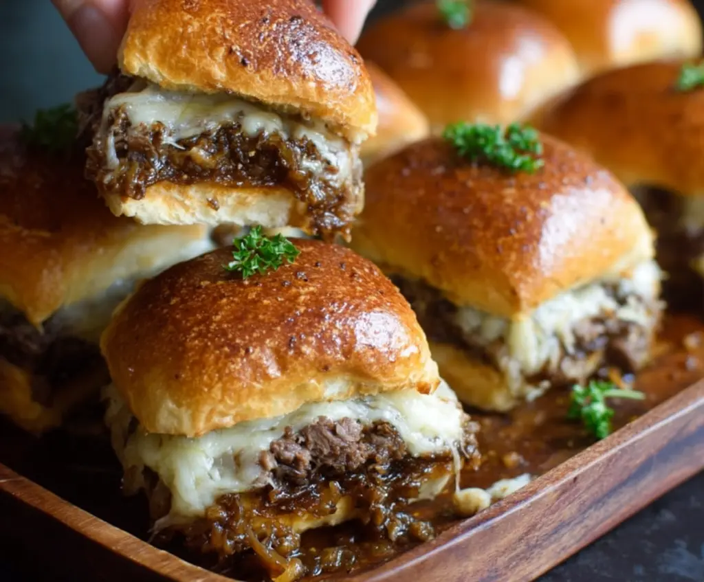 Delicious French Onion Beef Sliders topped with melted cheese and caramelized onions on slider buns.
