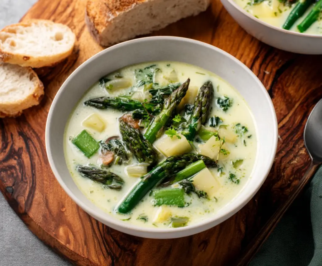 A bowl of fresh French Spring Soup with vibrant vegetables and herbs, perfect for a healthy appetizer.