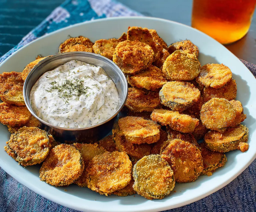 Crispy fried pickles served with dipping sauce on a wooden platter for a delicious snack.