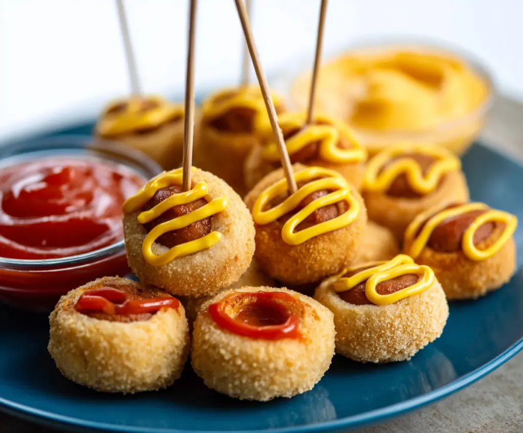 Plate of crispy mini vegan corndog bites perfect for game day snacking.