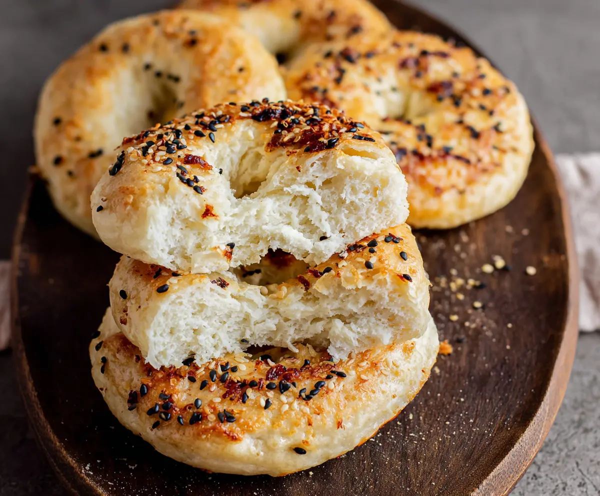 Gluten-free cottage cheese bagels on a serving plate, fresh and golden brown.