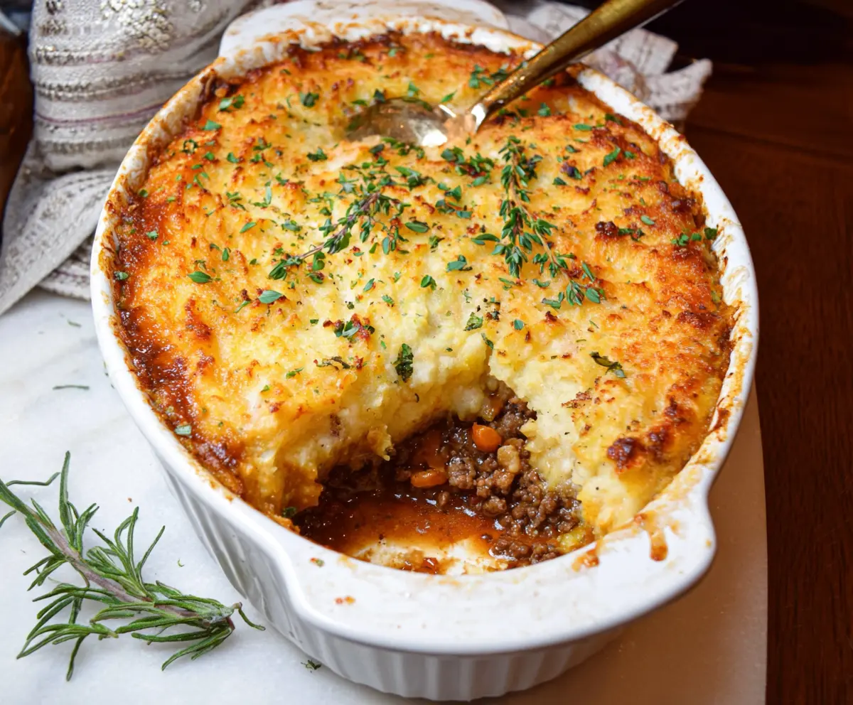 Delicious gluten-free shepherd's pie with a hearty meat and vegetable filling topped with mashed potatoes.