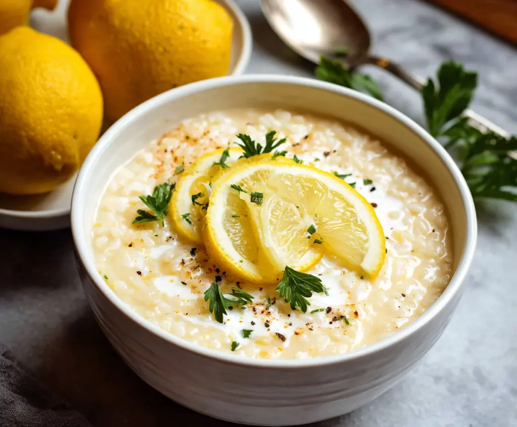 A steaming bowl of Greek Lemon Rice Soup garnished with fresh herbs, served in a rustic bowl.