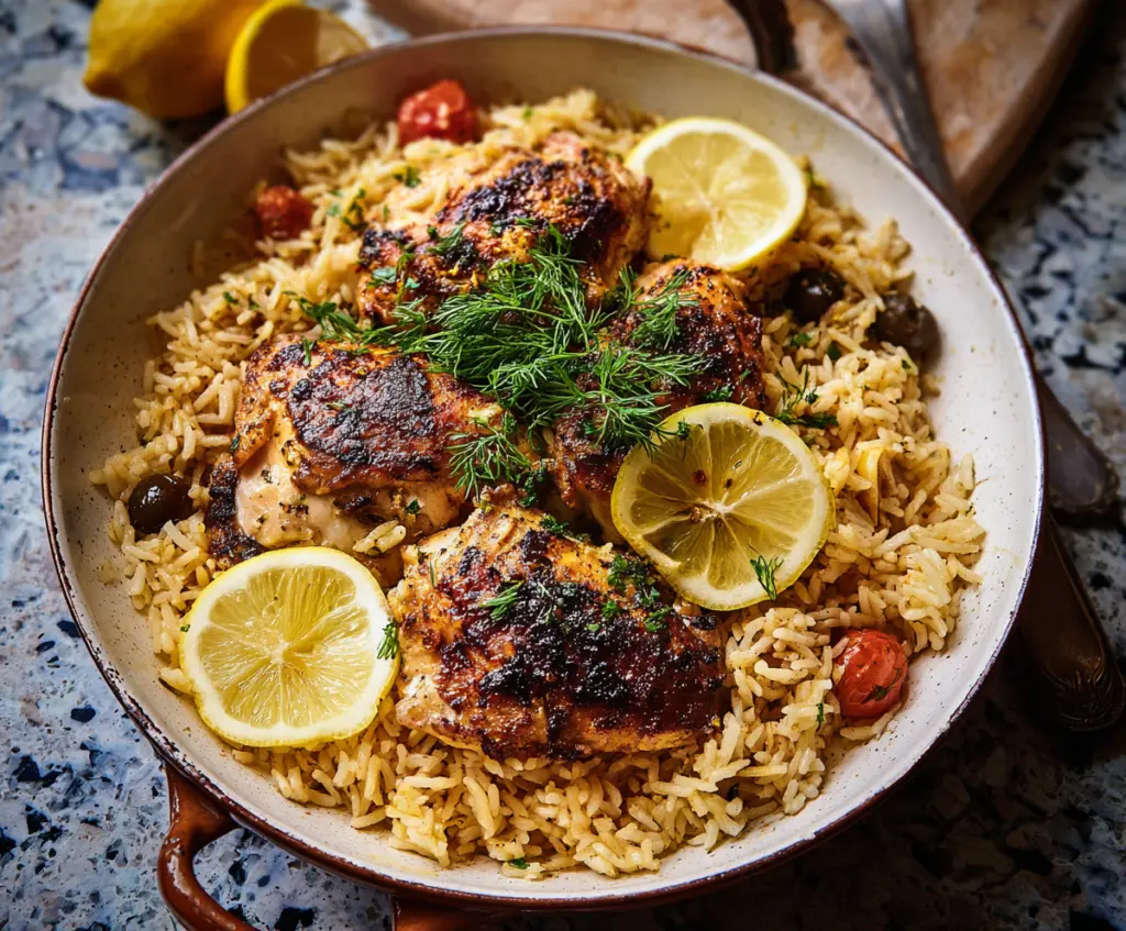Delicious Greek Lemon Rice with Tender Chicken served on a plate