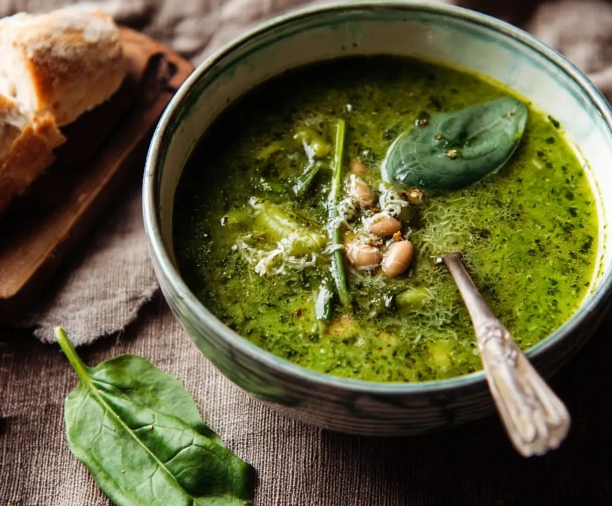 Healthy green soup with pesto, fresh greens, and beans in a bowl for a nutritious meal.