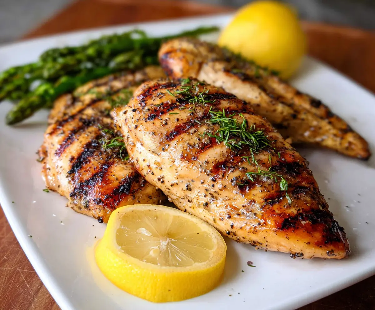 Juicy grilled lemon pepper chicken breast with char marks on a wooden plate
