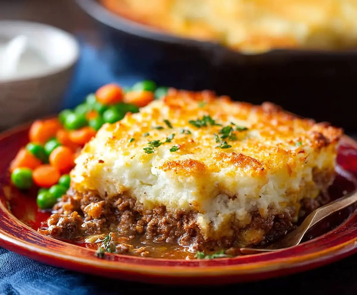 Savory Ground Beef Shepherd's Pie topped with golden mashed potatoes in a baking dish.