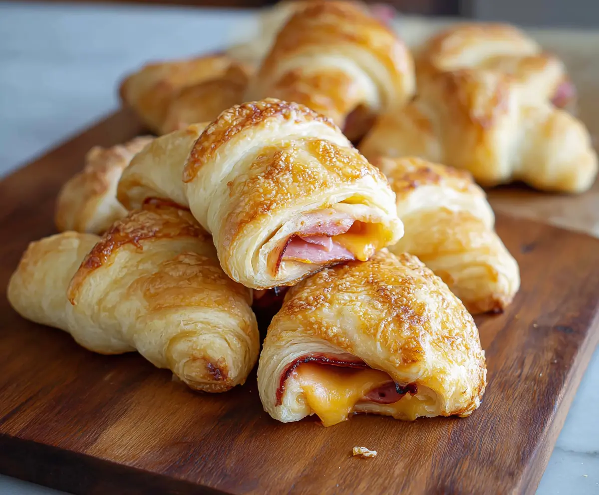 Delicious ham and cheese crescent rolls fresh out of the oven, perfect for a savory snack or appetizer.