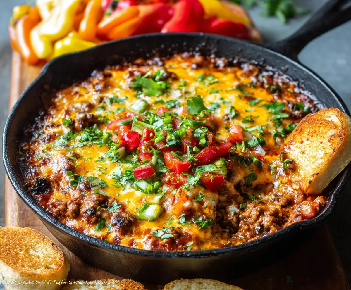 Delicious Hamburger Meat Dip served with fresh vegetables and chips, perfect for parties.