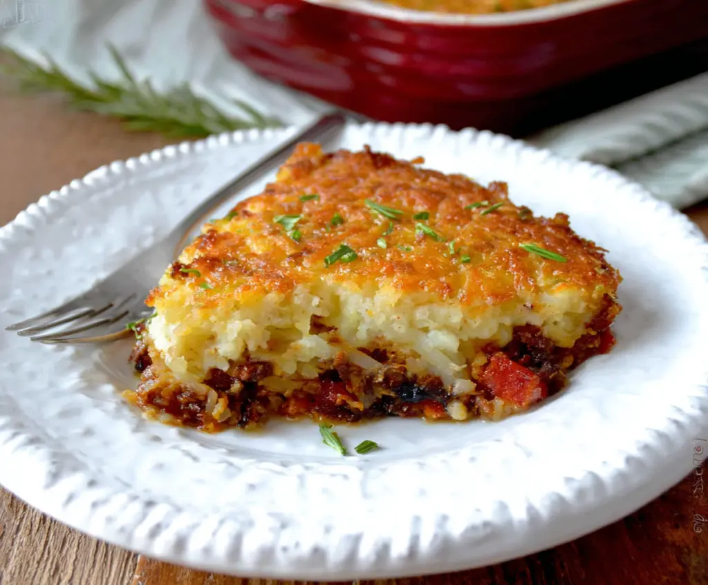 Crispy hash browns topped with savory shepherd's pie filling in a baking dish.