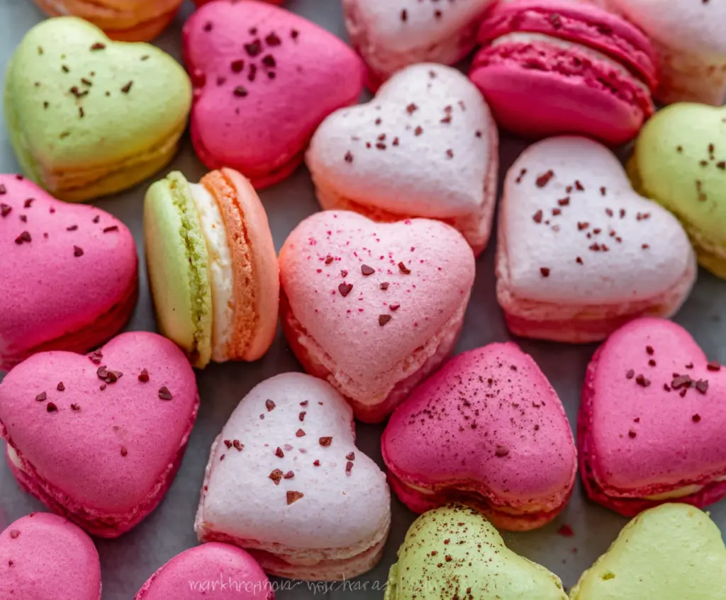 Delicious heart-shaped macarons with a smooth pink filling, perfect for romantic desserts