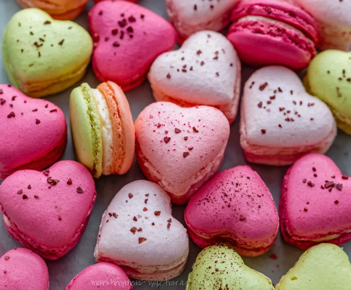 Delicious heart-shaped macarons with a smooth pink filling, perfect for romantic desserts