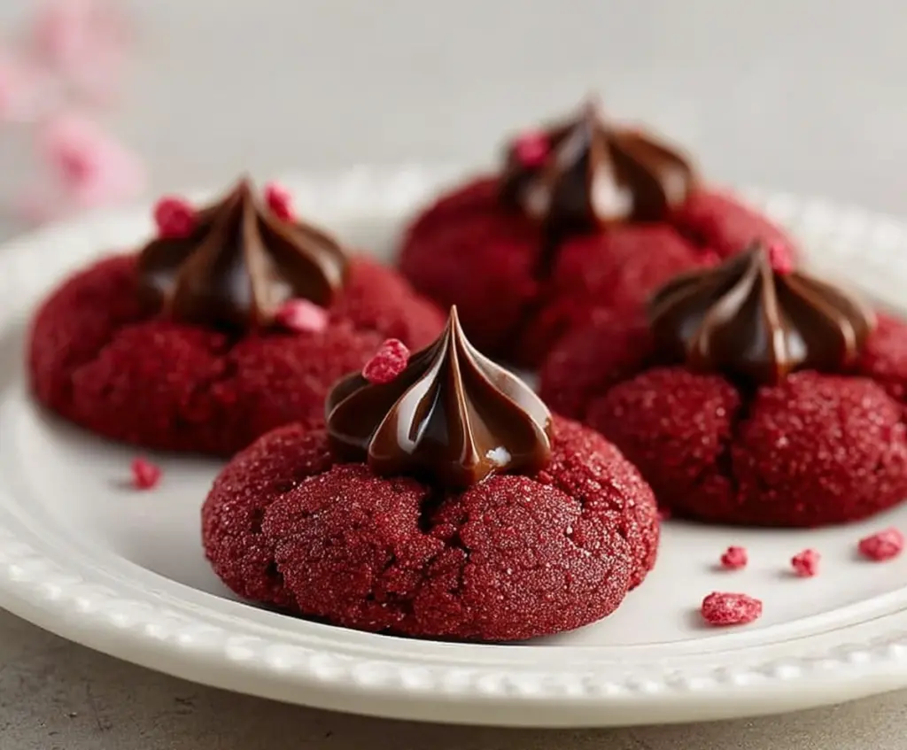 Delicious Hershey's Red Velvet Blossoms Cookies with chocolate kisses on top, perfect for any occasion.