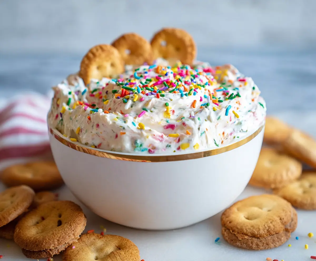 Colorful homemade Funfetti dip with sprinkles for a sweet treat.
