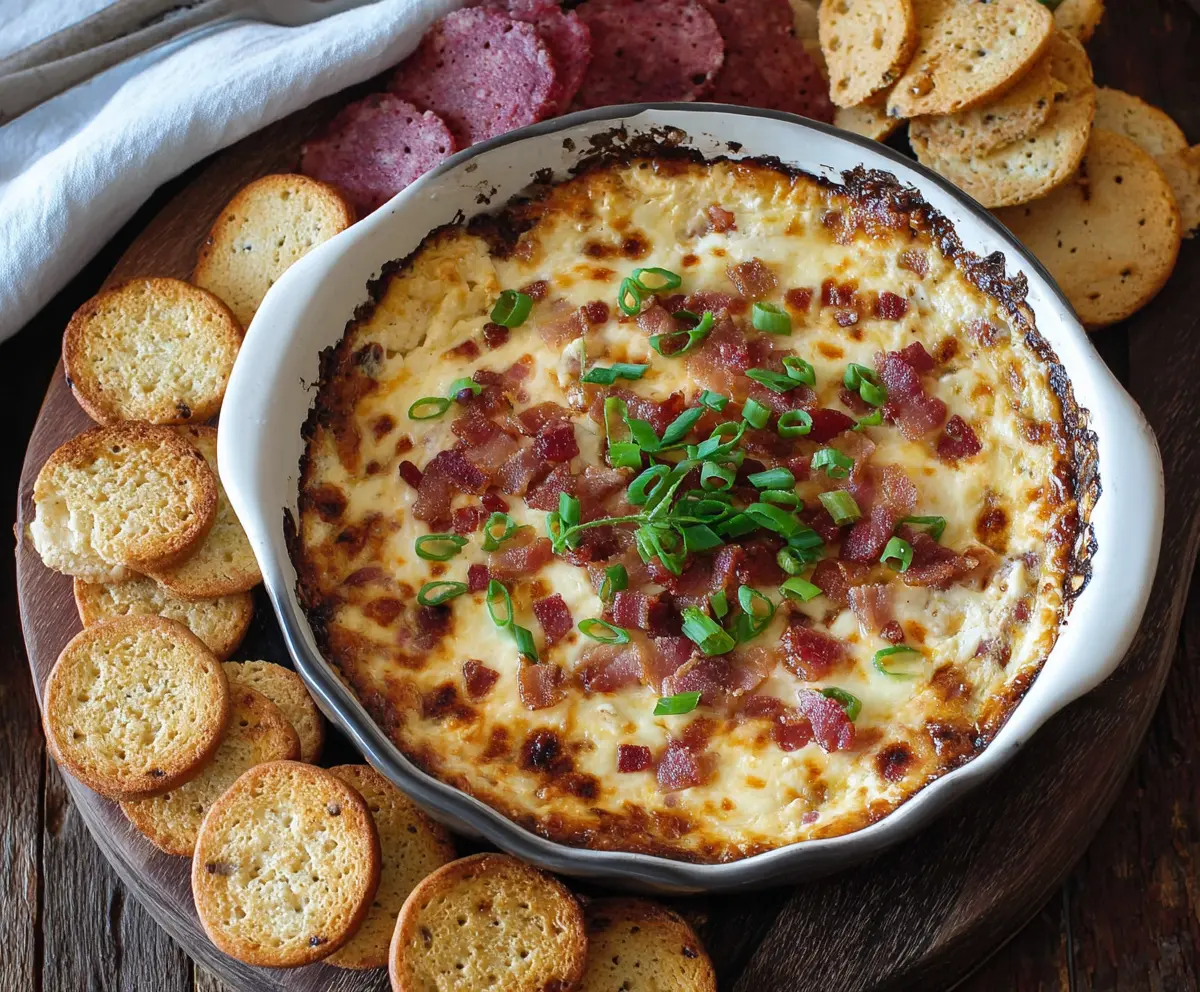 Creamy Hot Smoked Gouda Bacon Dip served with fresh vegetables and crispy crackers.