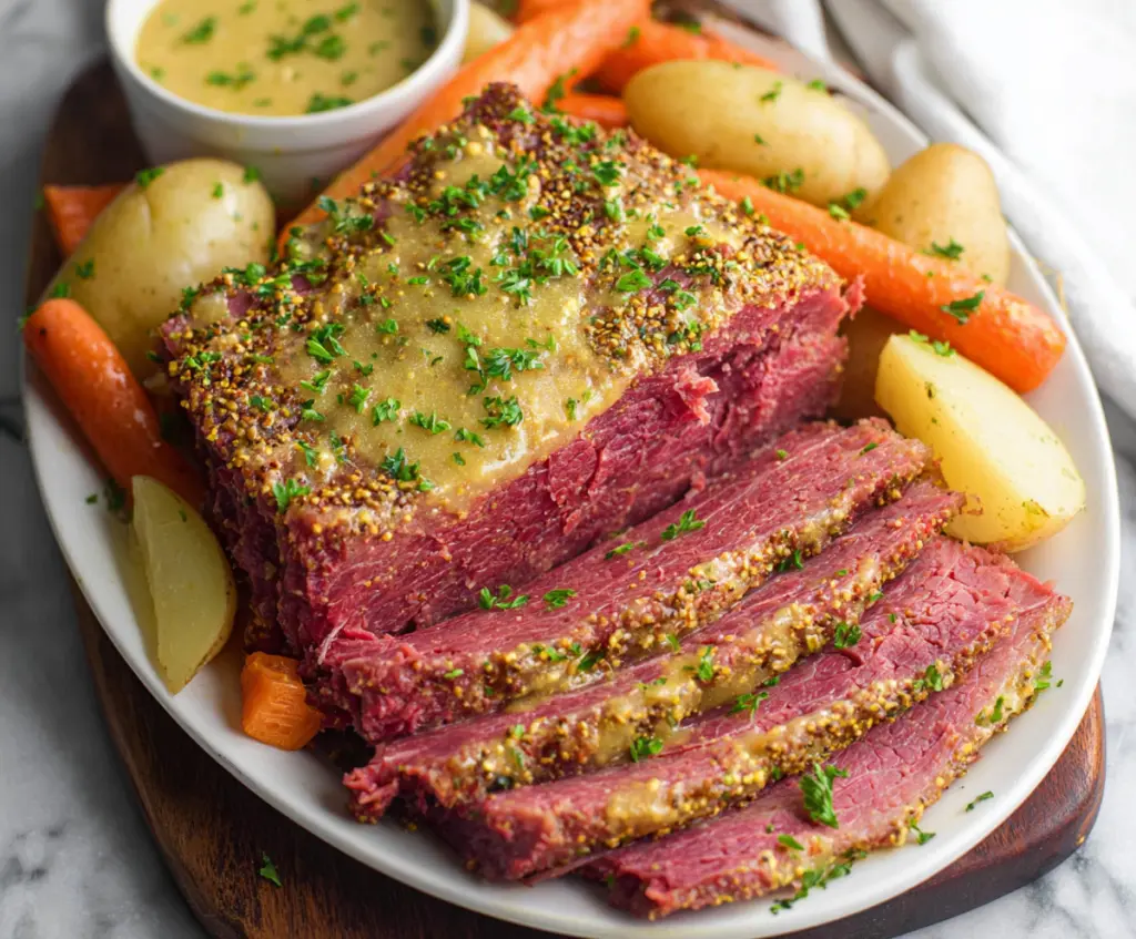 Delicious tender Instant Pot corned beef glazed with mustard, perfect for a hearty meal.