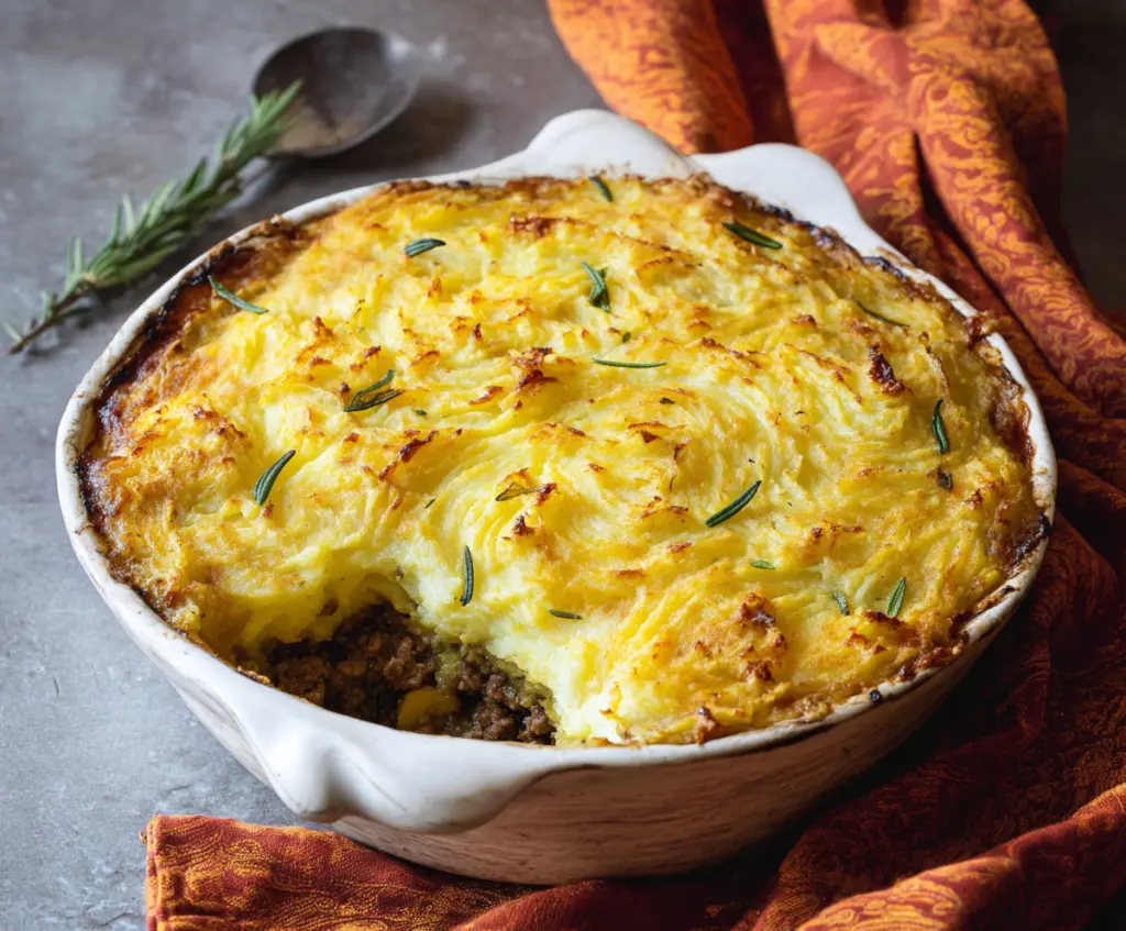 Delicious Irish Cottage Pie topped with mashed potatoes and served in a rustic dish.