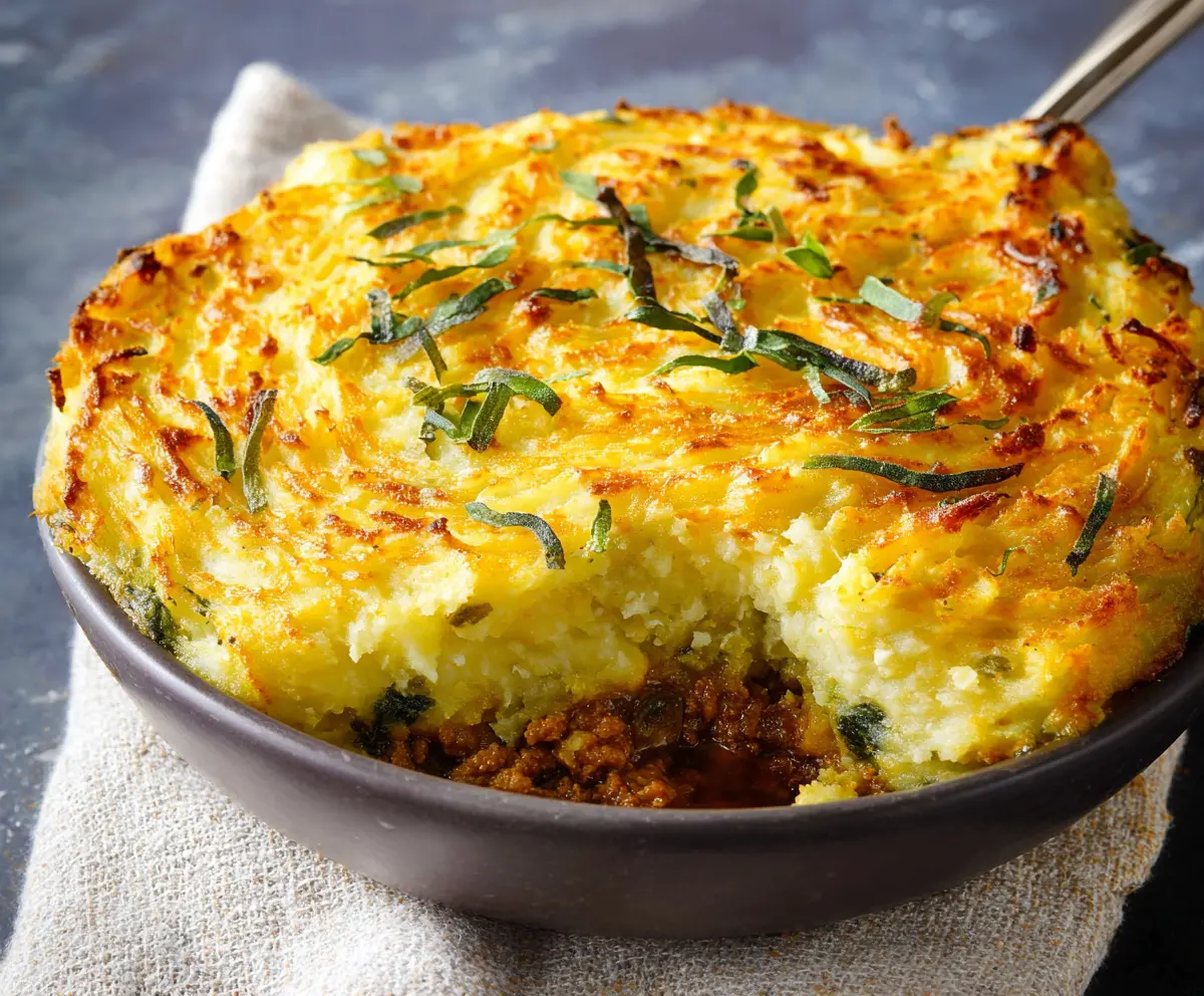 Delicious Irish Shepherd's Pie with mashed potatoes and hearty beef filling served in a rustic dish.