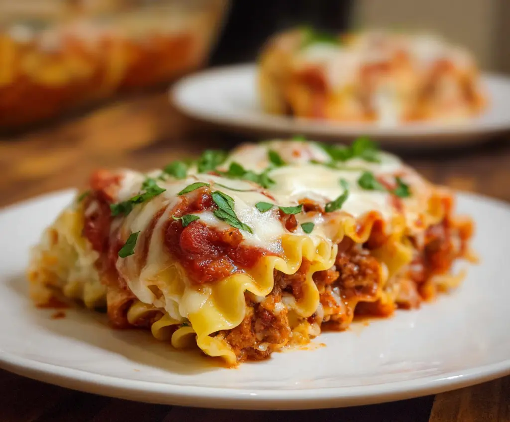 Delicious homemade lasagna roll-ups filled with cheese and rich tomato sauce.
