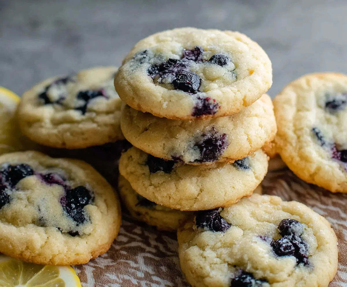 Delicious Lemon Blueberry Cookies with fresh blueberries and zesty lemon flavor on a rustic wooden surface.