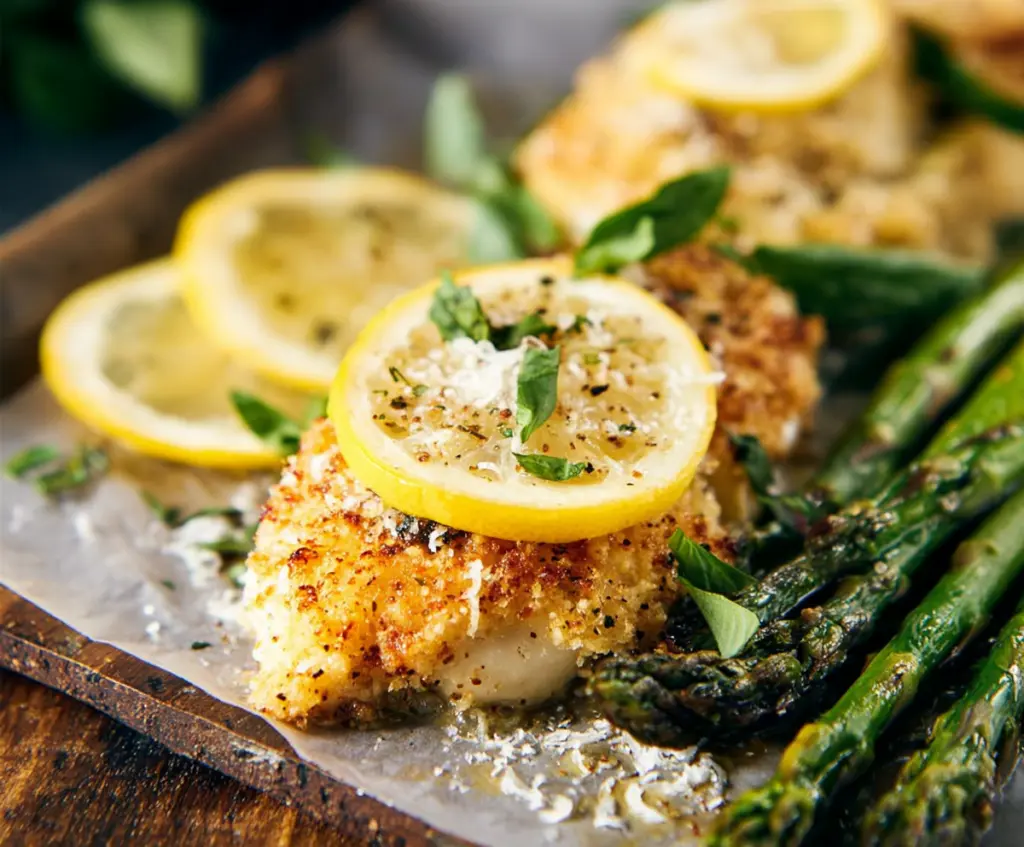 Juicy Lemon Parmesan Chicken served with fresh asparagus tips on a white plate.