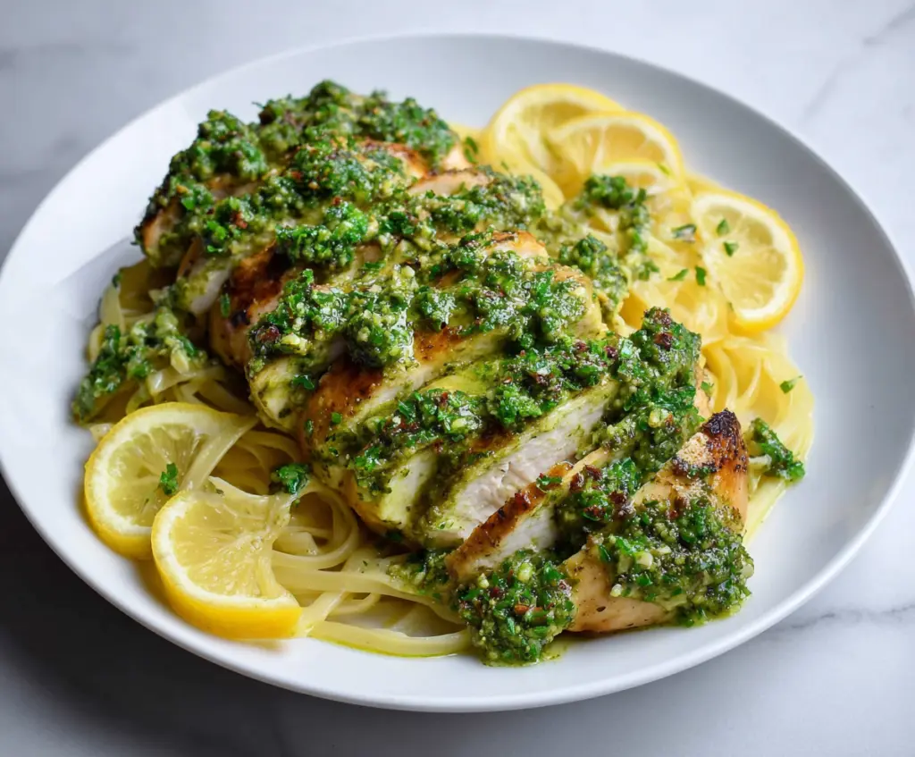 Juicy lemon pesto chicken breast garnished with fresh herbs on a plate.