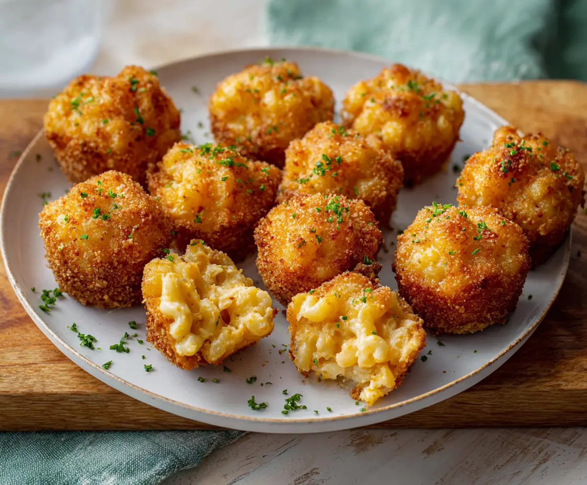 Crispy macaroni and cheese bites on a white plate, garnished with herbs, perfect for snacks or parties.