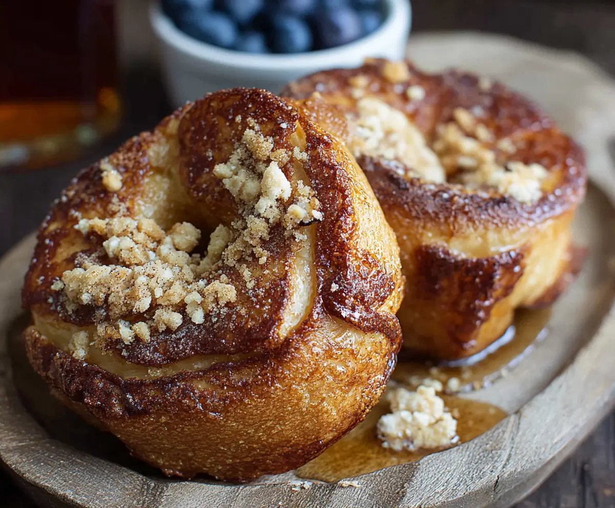 Delicious Maple French Toast Bagels topped with syrup and fresh berries on a breakfast plate