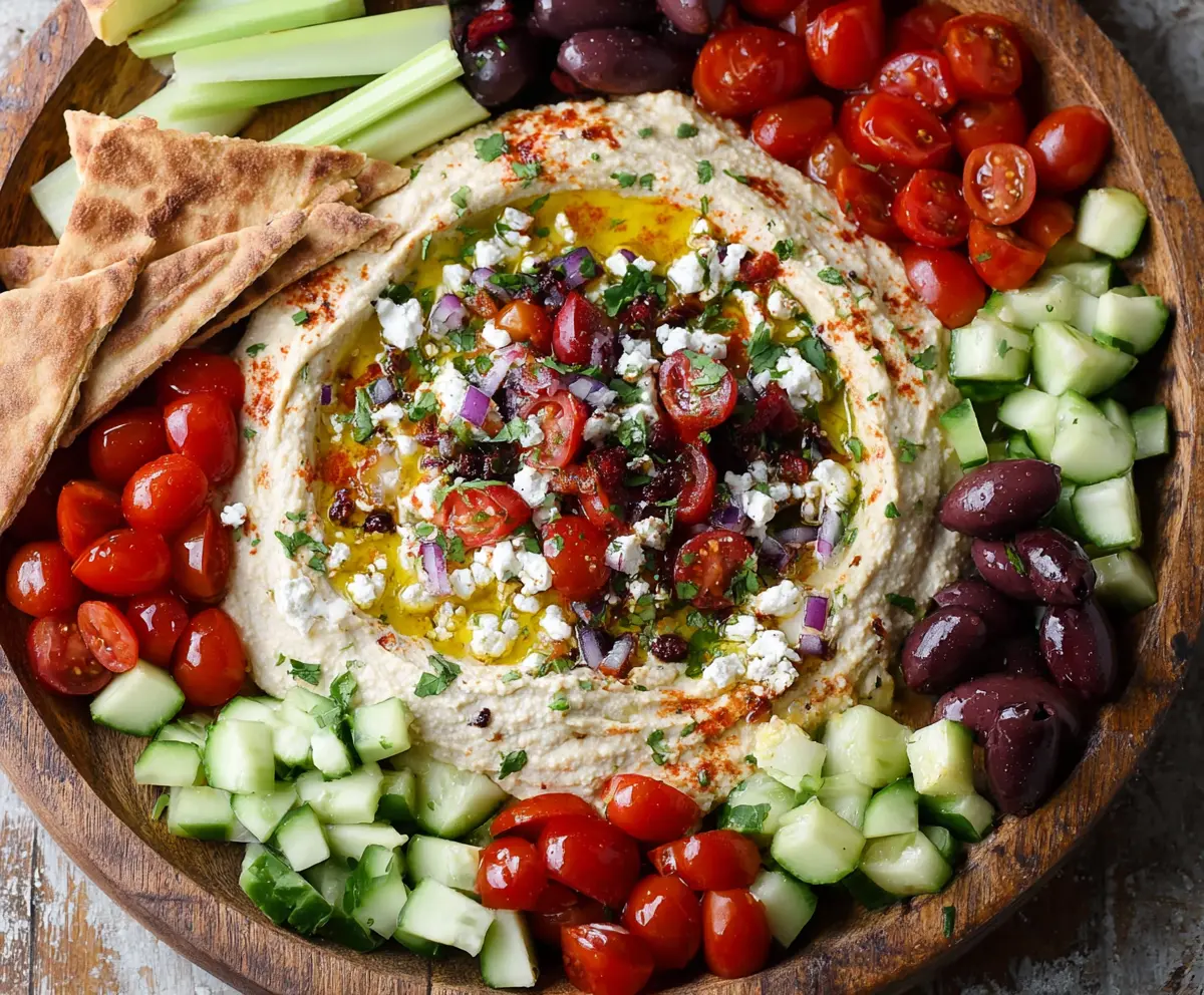 Colorful Mediterranean hummus dip platter with fresh vegetables, olives, and pita bread slices.