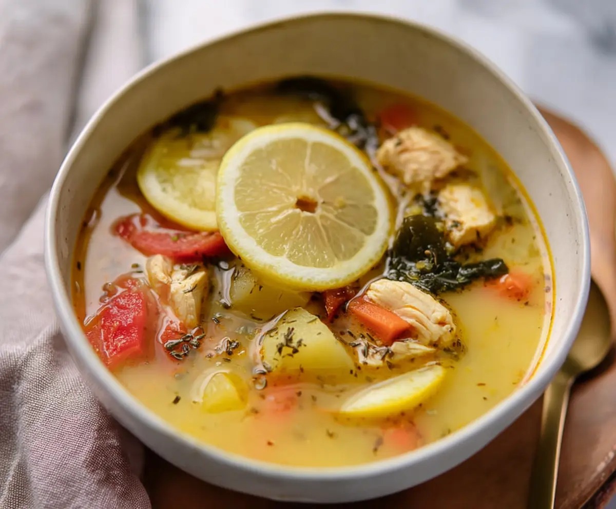 Warm Mediterranean Lemon Chicken Soup in a bowl topped with fresh herbs and lemon slices.