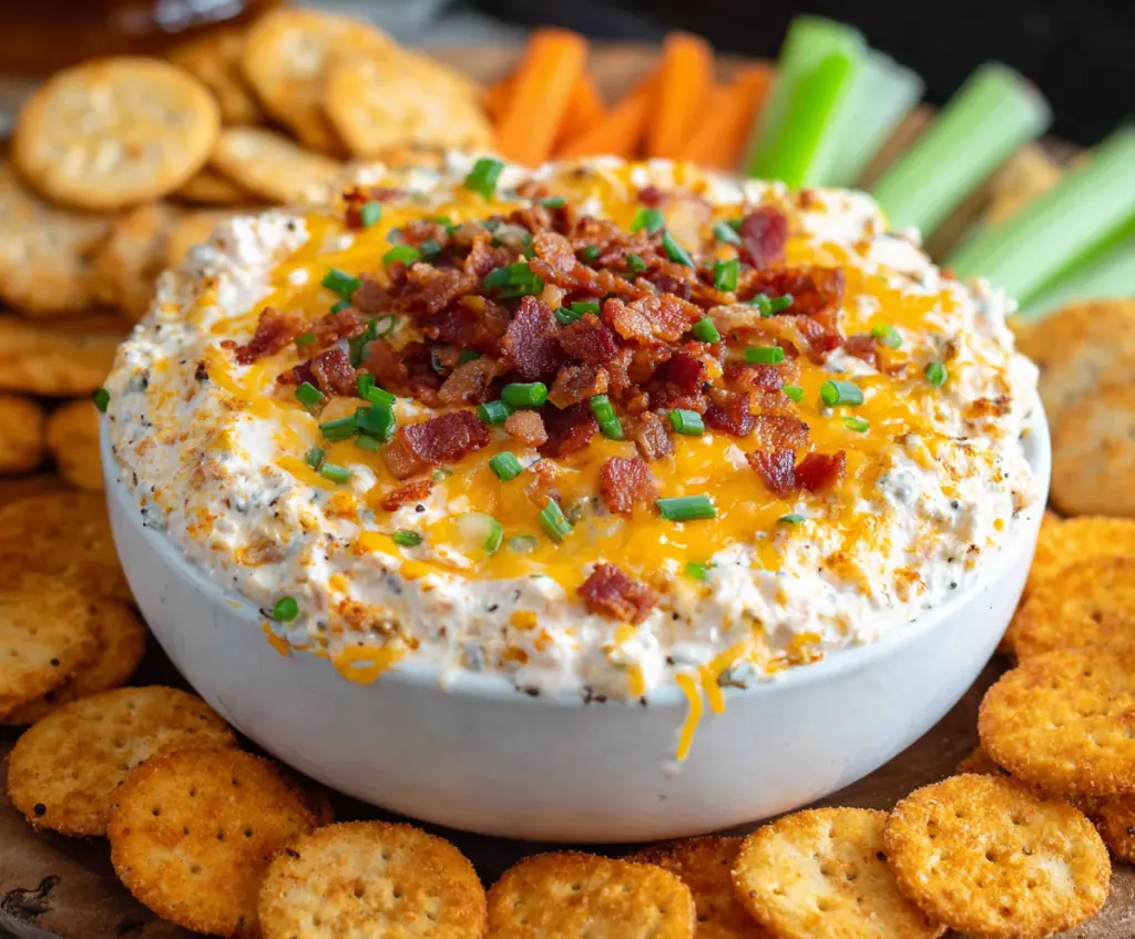 Creamy Million Dollar Crack Dip with melted cheese, bacon, and green onions in a serving bowl.