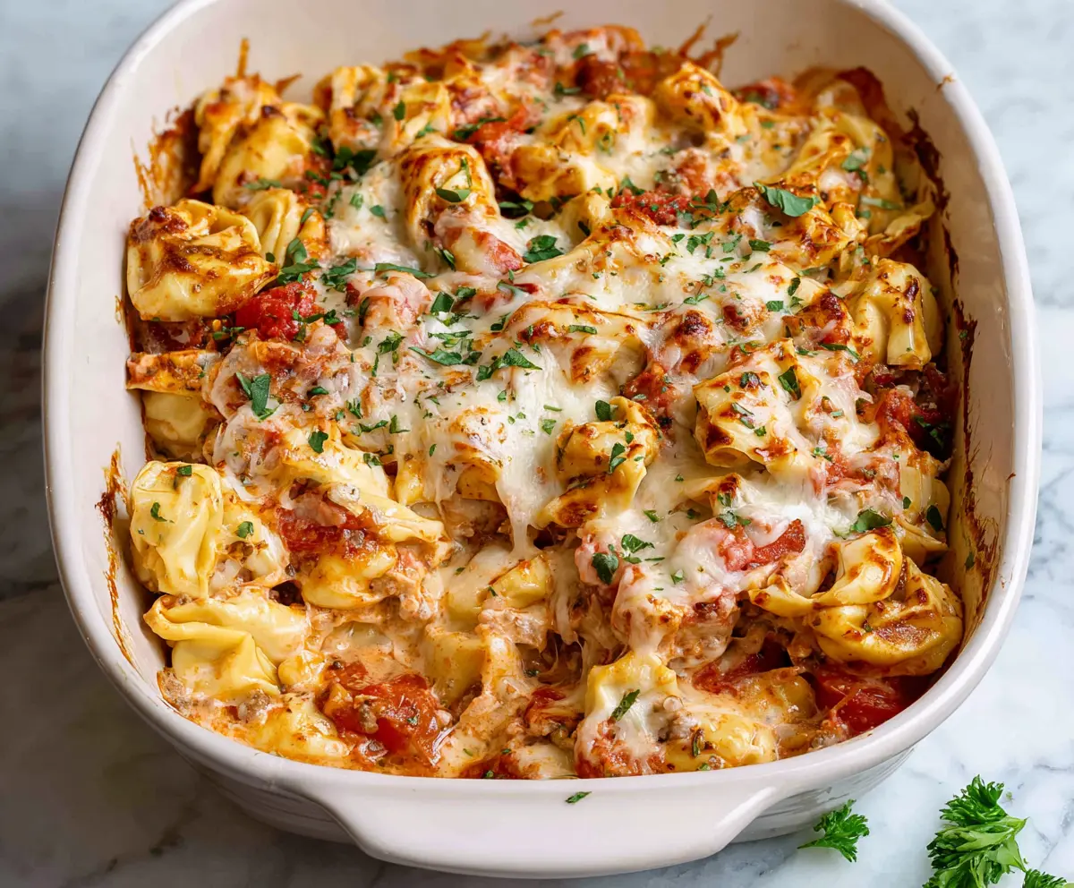 Delicious Million Dollar Tortellini Casserole with melted cheese and savory ingredients in a baking dish.