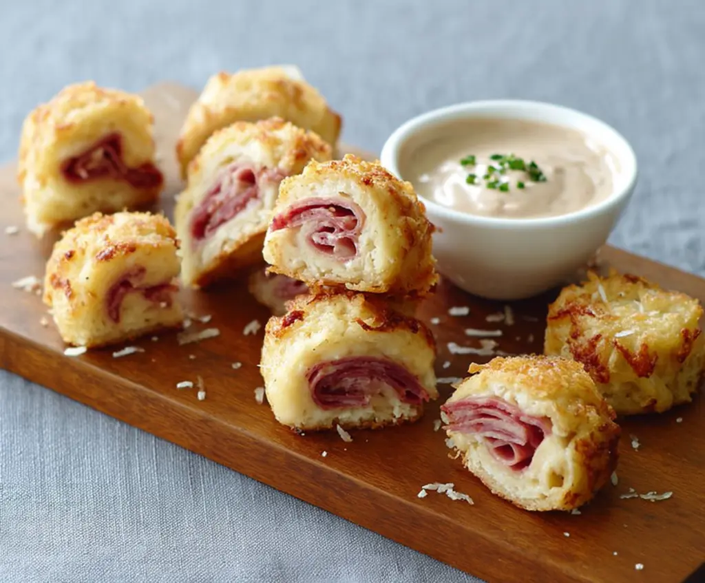 Delicious Mini Reuben Bites with corned beef, sauerkraut, Swiss cheese, and Russian dressing on crispy bread bites.