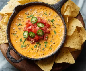 Creamy nacho dip with melted cheese, jalapenos, and crunchy tortilla chips on a plate.