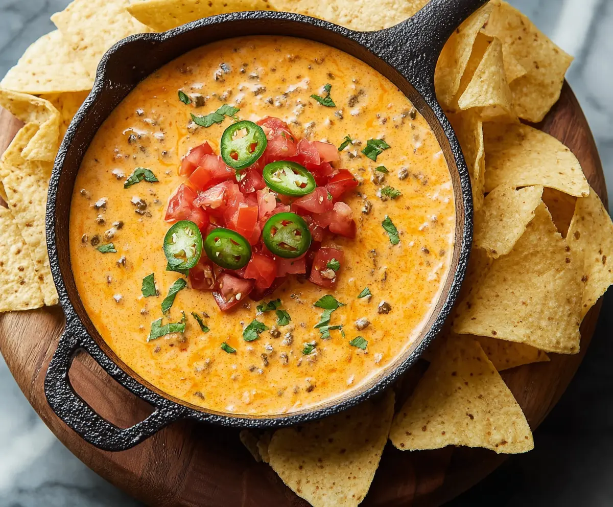 Creamy nacho dip with melted cheese, jalapenos, and crunchy tortilla chips on a plate.
