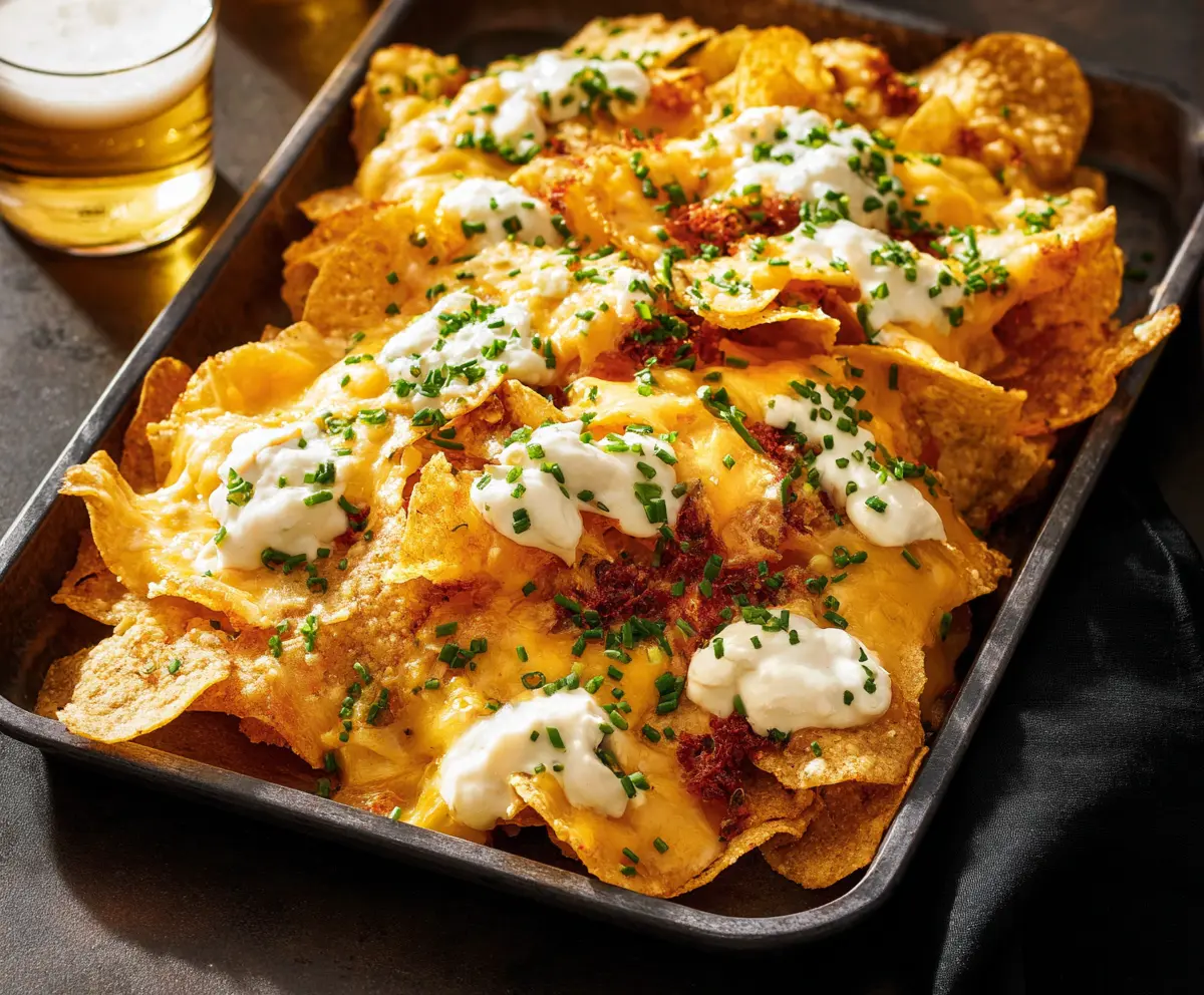 Delicious Ohio Nachos with melted cheese, jalapenos, and savory toppings on crispy tortilla chips.