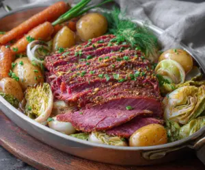 Delicious oven roasted corned beef with tender cabbage on a rustic platter.