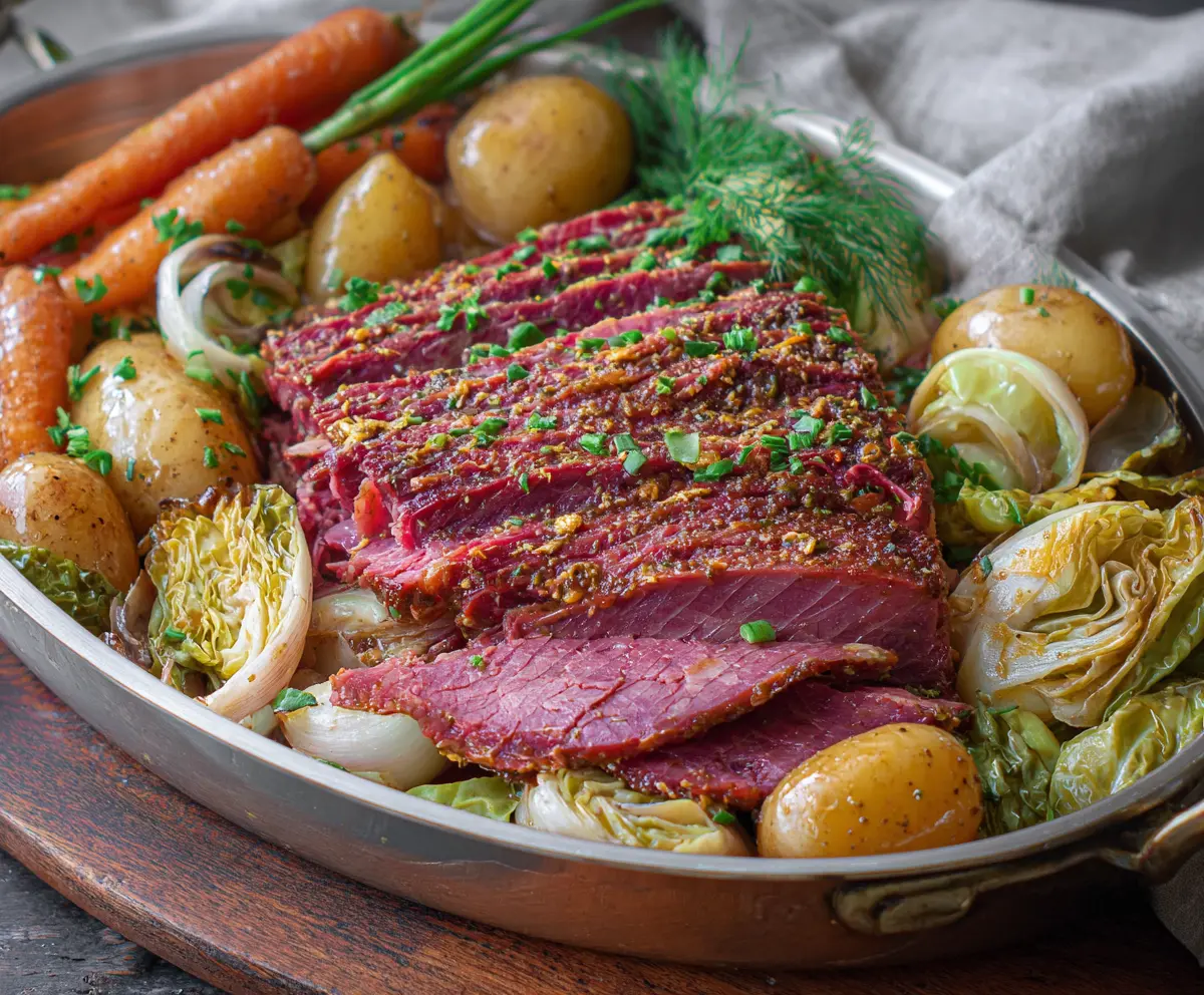 Delicious oven roasted corned beef with tender cabbage on a rustic platter.