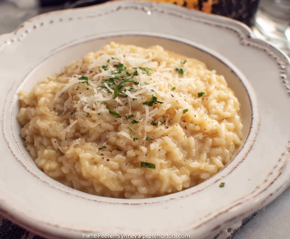Creamy Parmesan Risotto garnished with fresh herbs on a rustic plate.