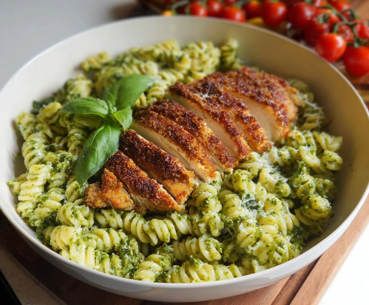 Delicious pesto pasta topped with crispy parmesan chicken for a flavorful meal