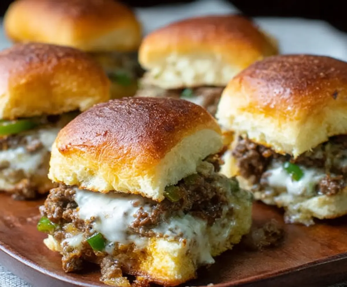 Delicious Philly Cheesesteak Sliders with Ground Beef on a plate, perfect for appetizer or party snack.