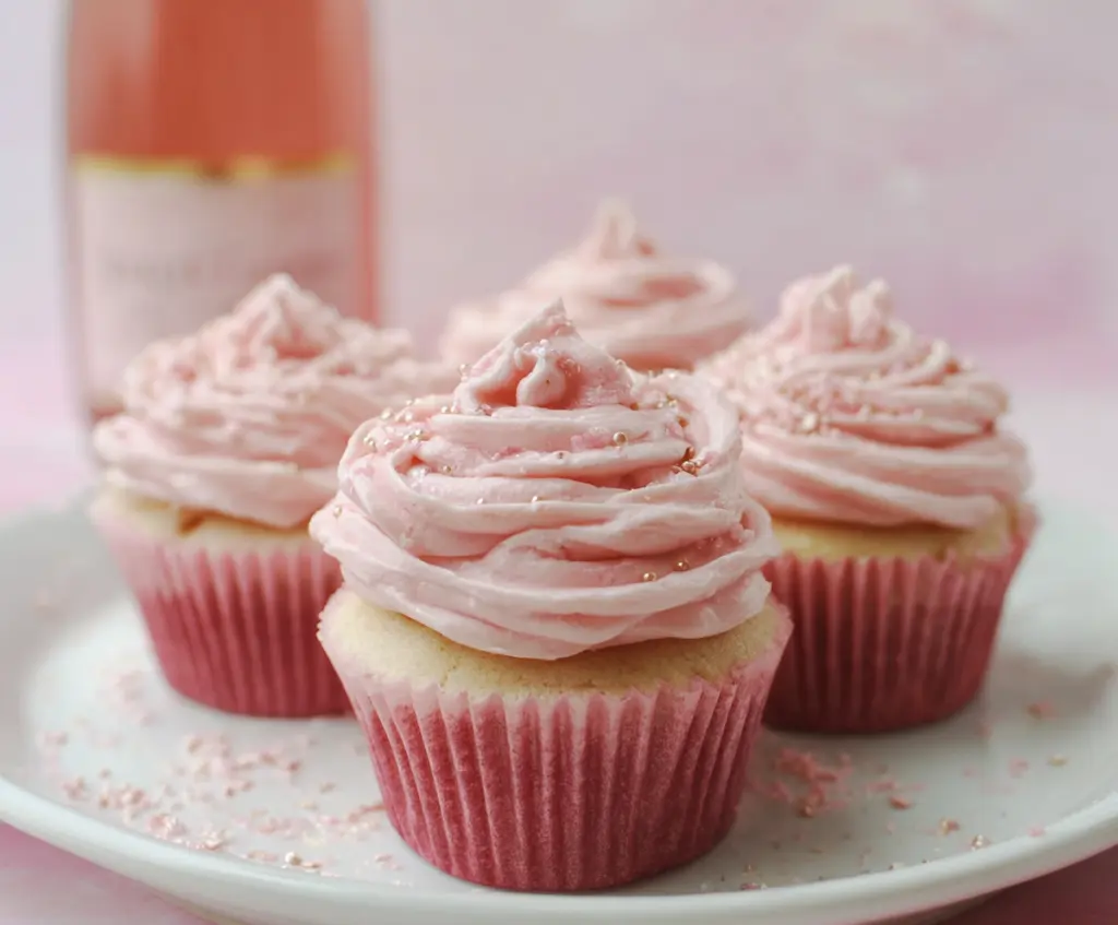 Delicious pink champagne cupcakes topped with festive pink frosting and sprinkles for a celebration.
