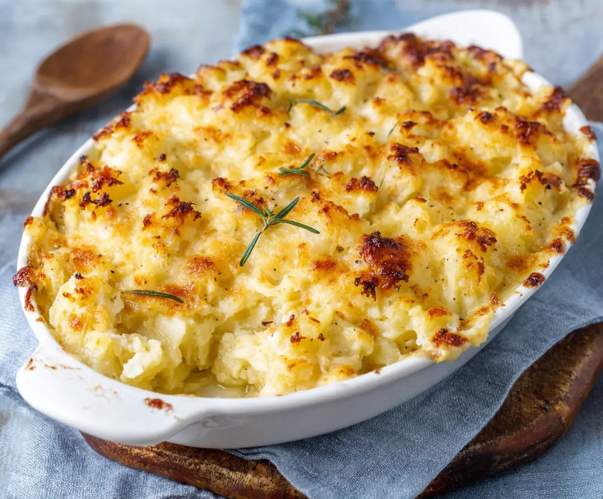 Delicious Potatoes Romanoff topped with melted cheese served on a white plate.