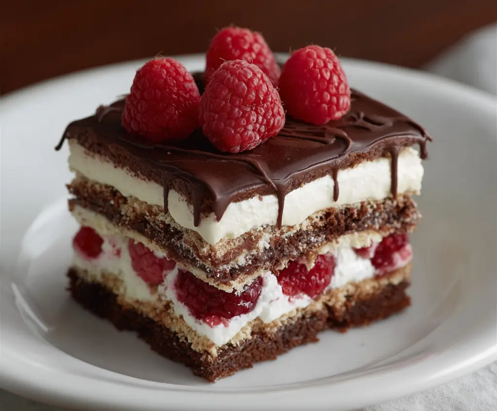 Delicious raspberry chocolate lasagna dessert with layers of fresh raspberries, smooth chocolate filling, and a crumbly cookie crust.