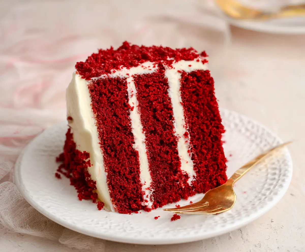 Delicious homemade red velvet cake with cream cheese frosting served on a white plate.
