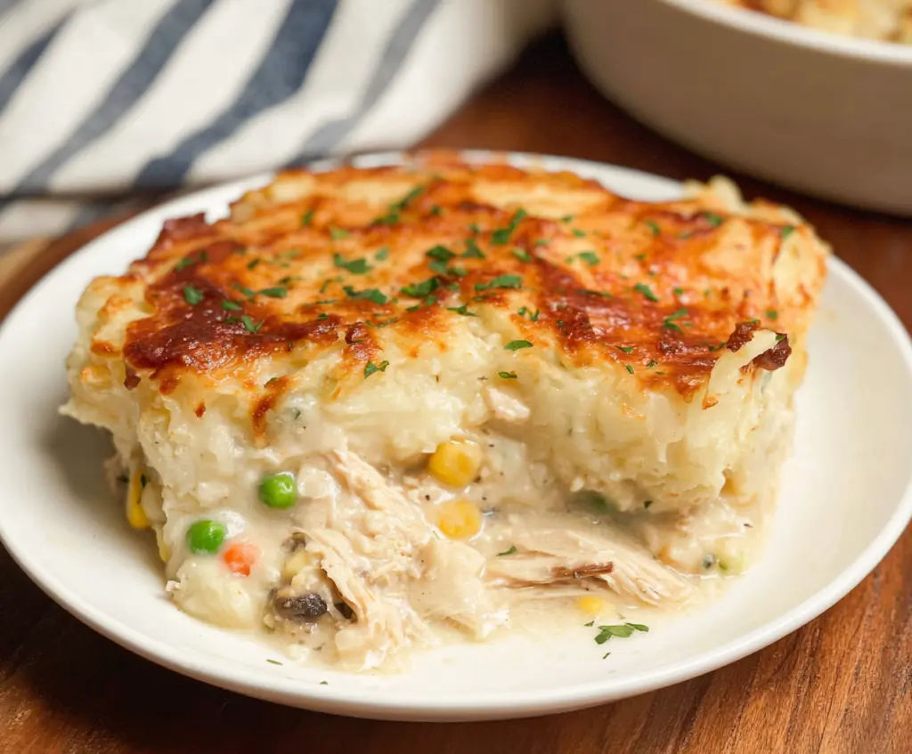 Delicious rotisserie chicken shepherd's pie topped with golden mashed potatoes and fresh herbs.