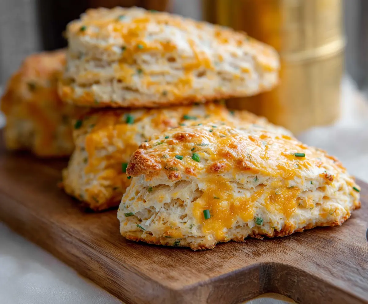 Golden Sharp Cheddar and Chive Sourdough Scones fresh out of the oven, showcasing their flaky, savory texture.